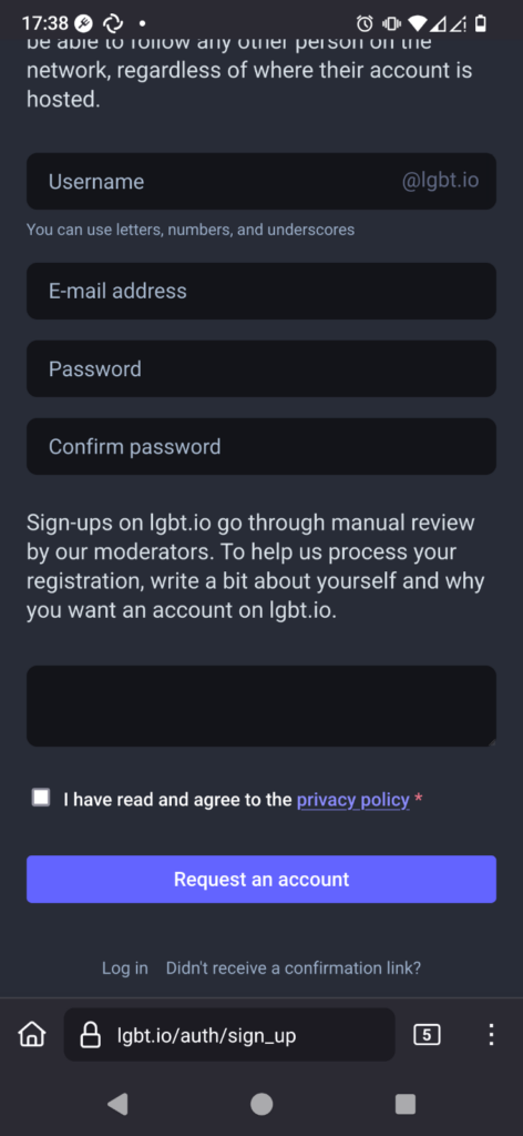 The bottom of the signup page of lgbt.io