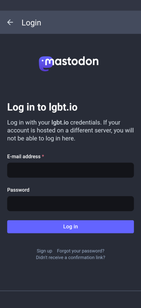 The login screen for Tusky if you list lgbt.io as your instance