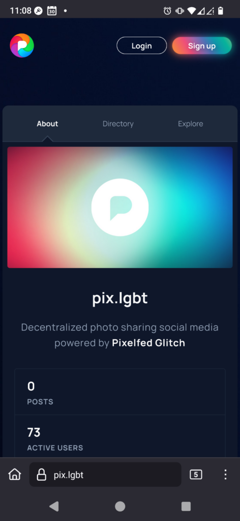 The front page of pix.lgbt when not logged in.